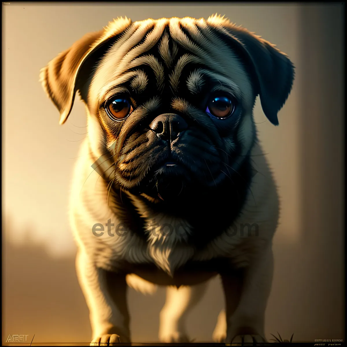 Picture of Cute Wrinkled Pug Puppy Sitting for Portrait