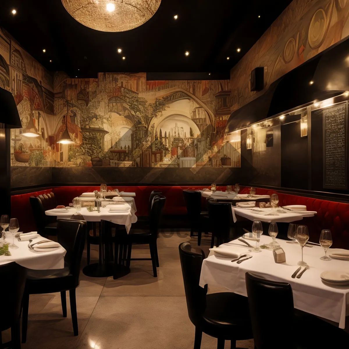 Picture of Modern restaurant interior with luxurious design and lighting.