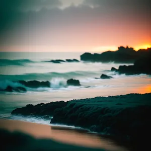 Serene Sunset on Beach, Reflecting Beautifully on Water