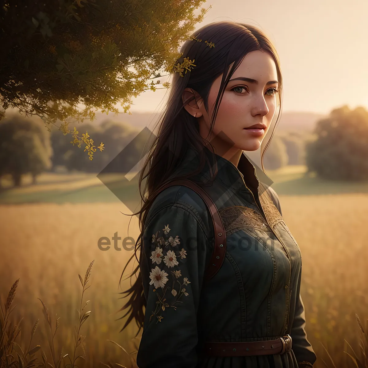 Picture of Beautiful brunette model with captivating smile outdoors.