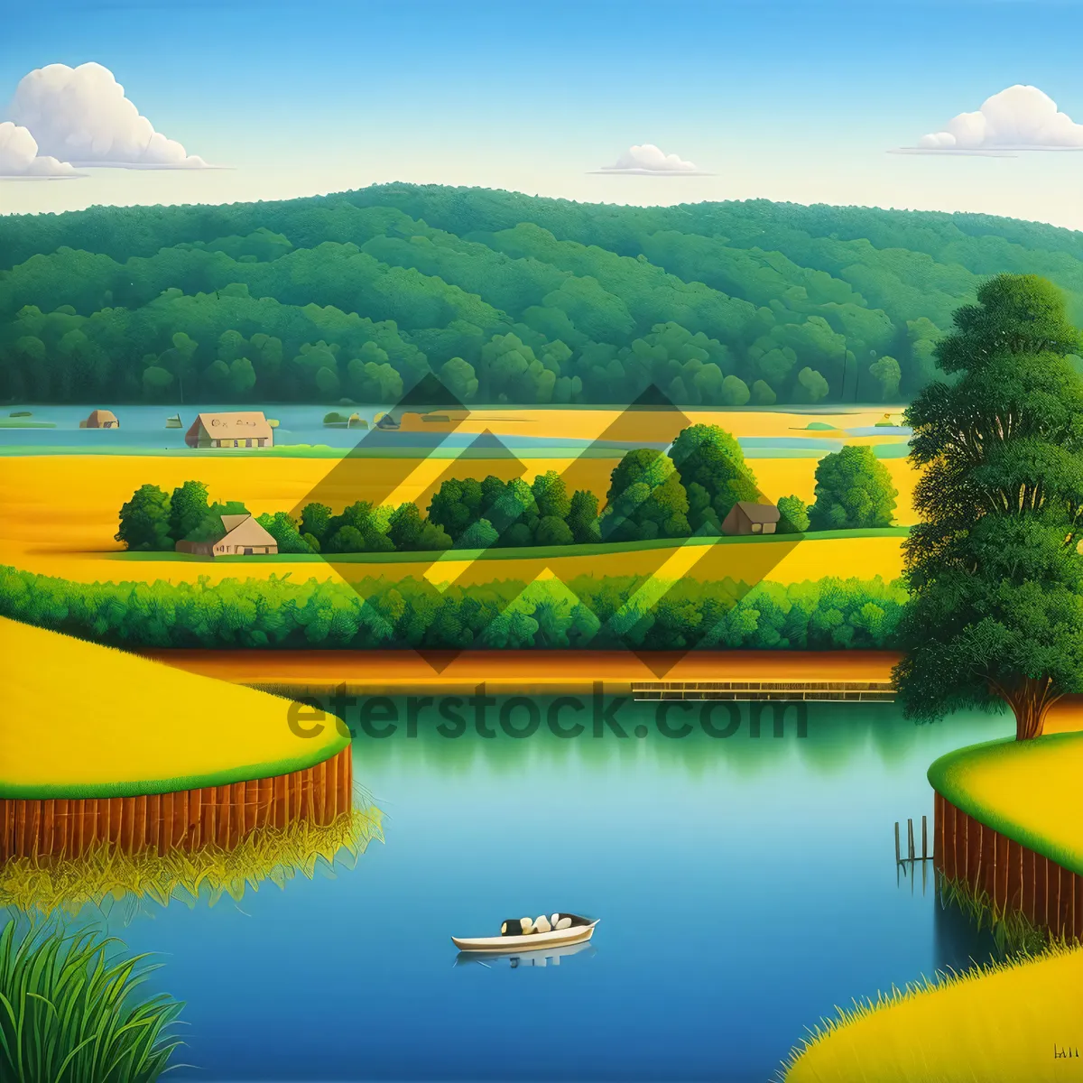 Picture of Serene Spring Landscape with Rolling Hills and Reflections