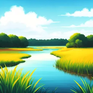 Serene Reflection: Sunset Over Lakeside Meadow