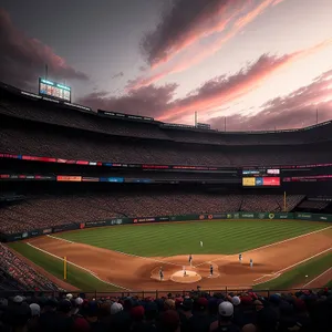 Nighttime baseball game at illuminated stadium.