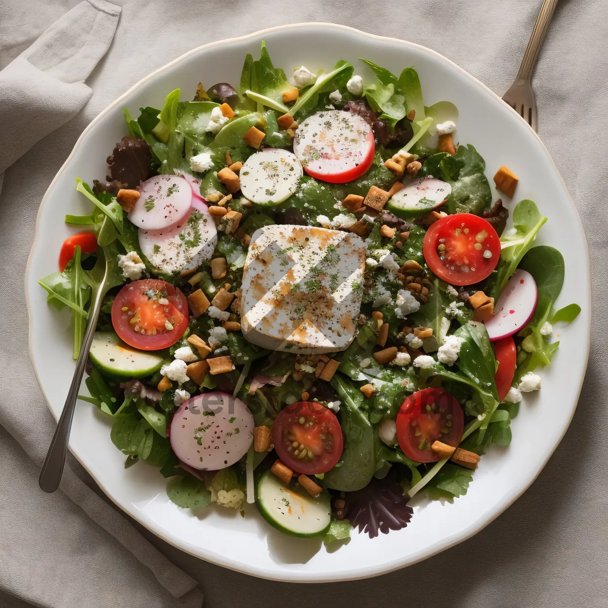 Picture of Gourmet fish dish with vegetable salad and sauce