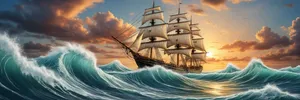 Pirate ship sailing at sunset on the ocean
