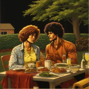 Happy couple enjoying a meal together outdoors.