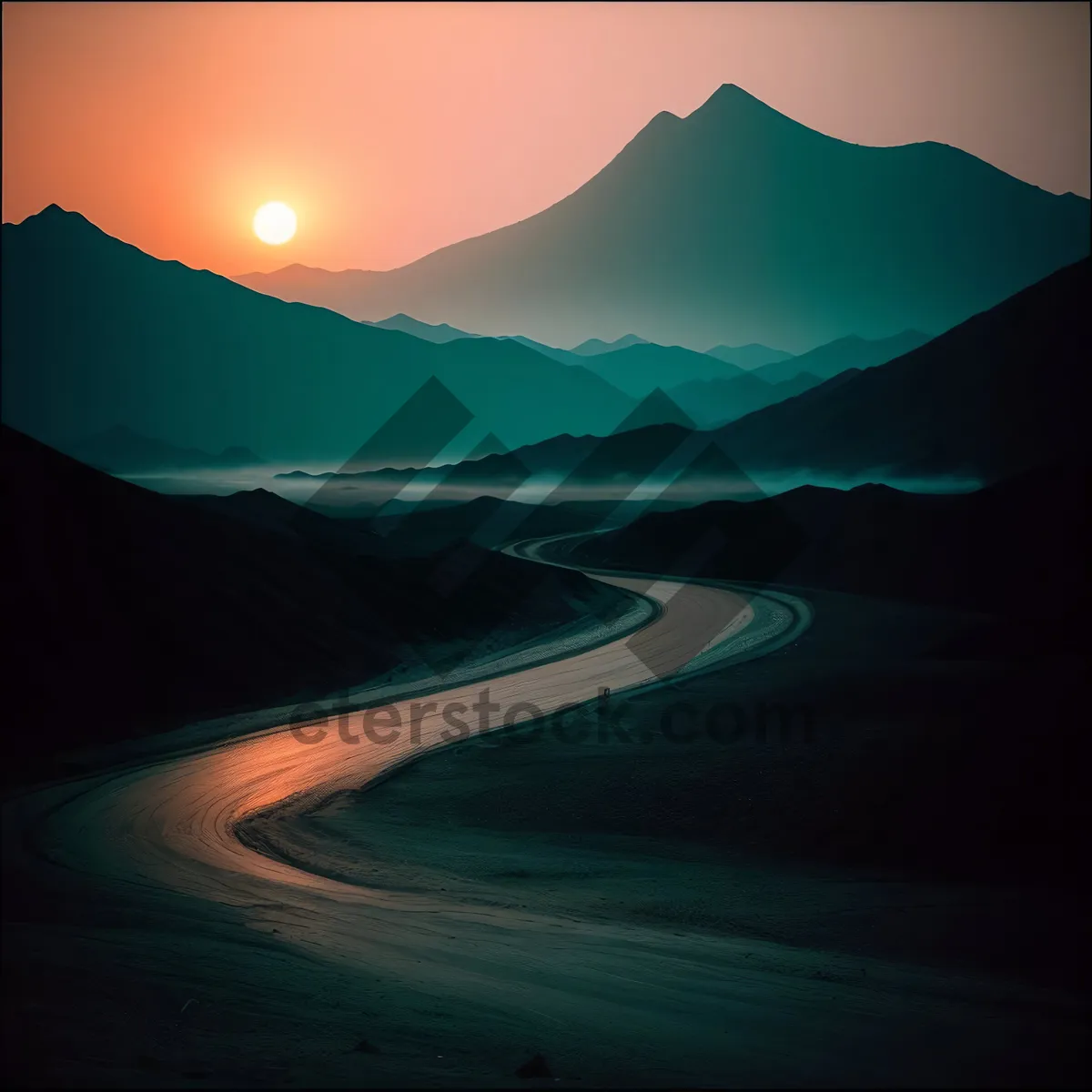 Picture of Vibrant Horizon: Majestic Sunset over Desert Mountains