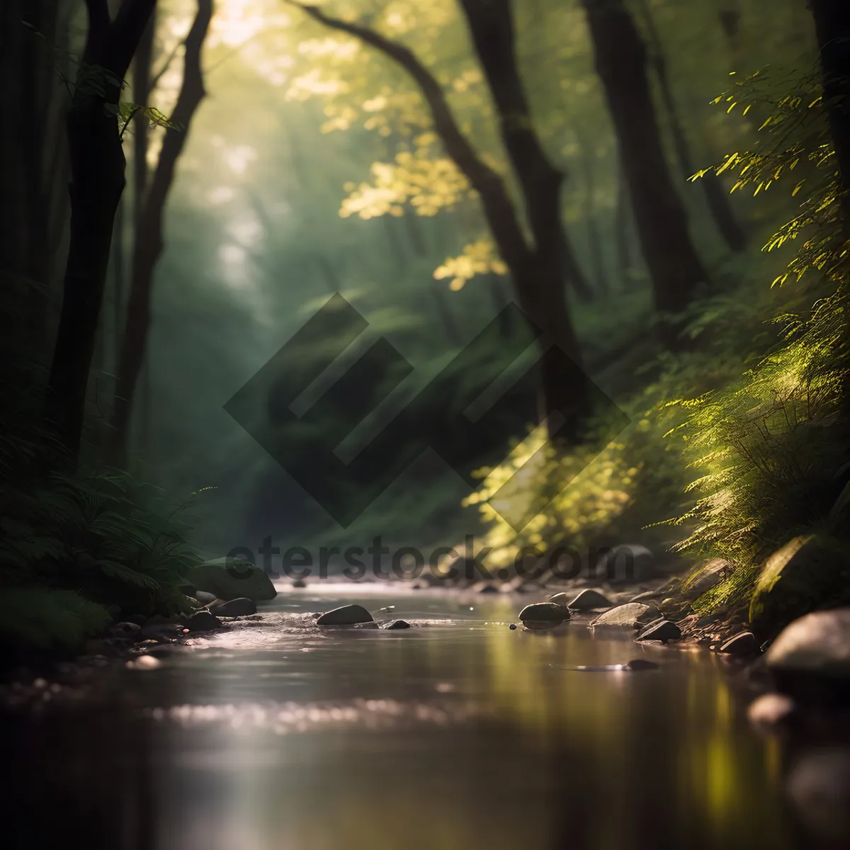 Picture of Tranquil Forest River Scene with Autumn Foliage