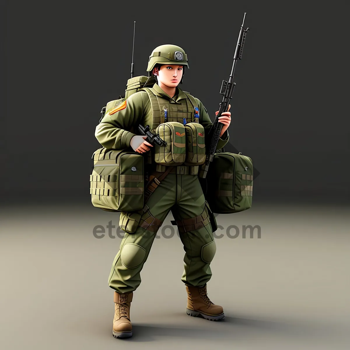 Picture of Private Soldier in Military Uniform with Helmet and Weapon