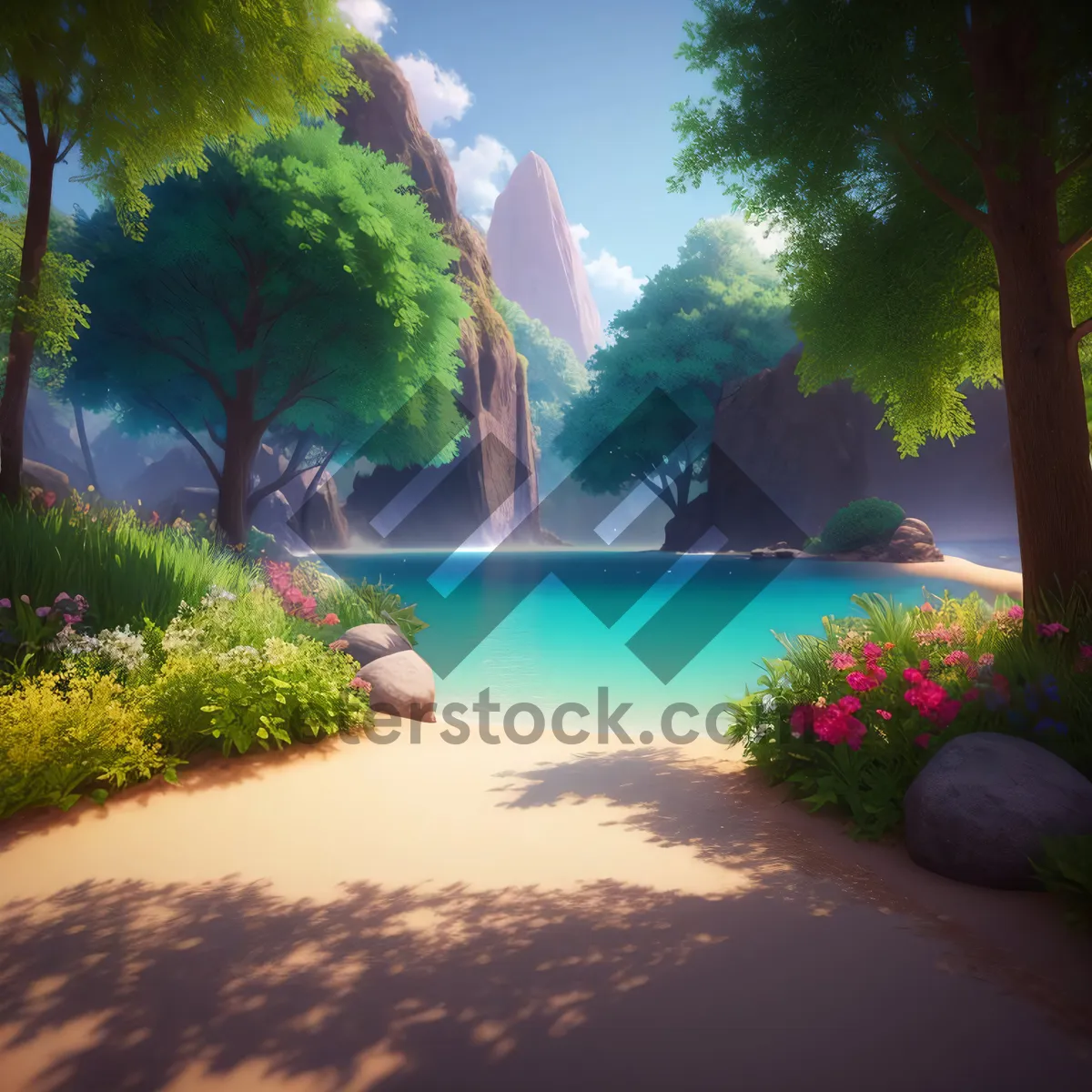 Picture of Idyllic tropical beach paradise with turquoise waters and palm trees