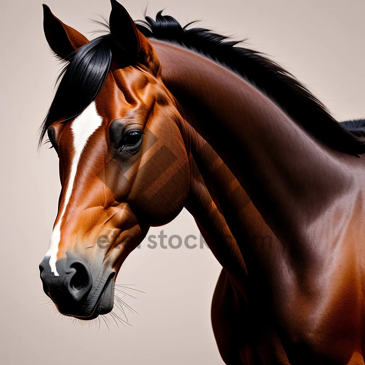 Picture of Majestic Thoroughbred Stallion Grazing in Green Meadow