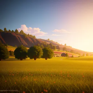 Golden Morning Meadows with Mountain Silhouette