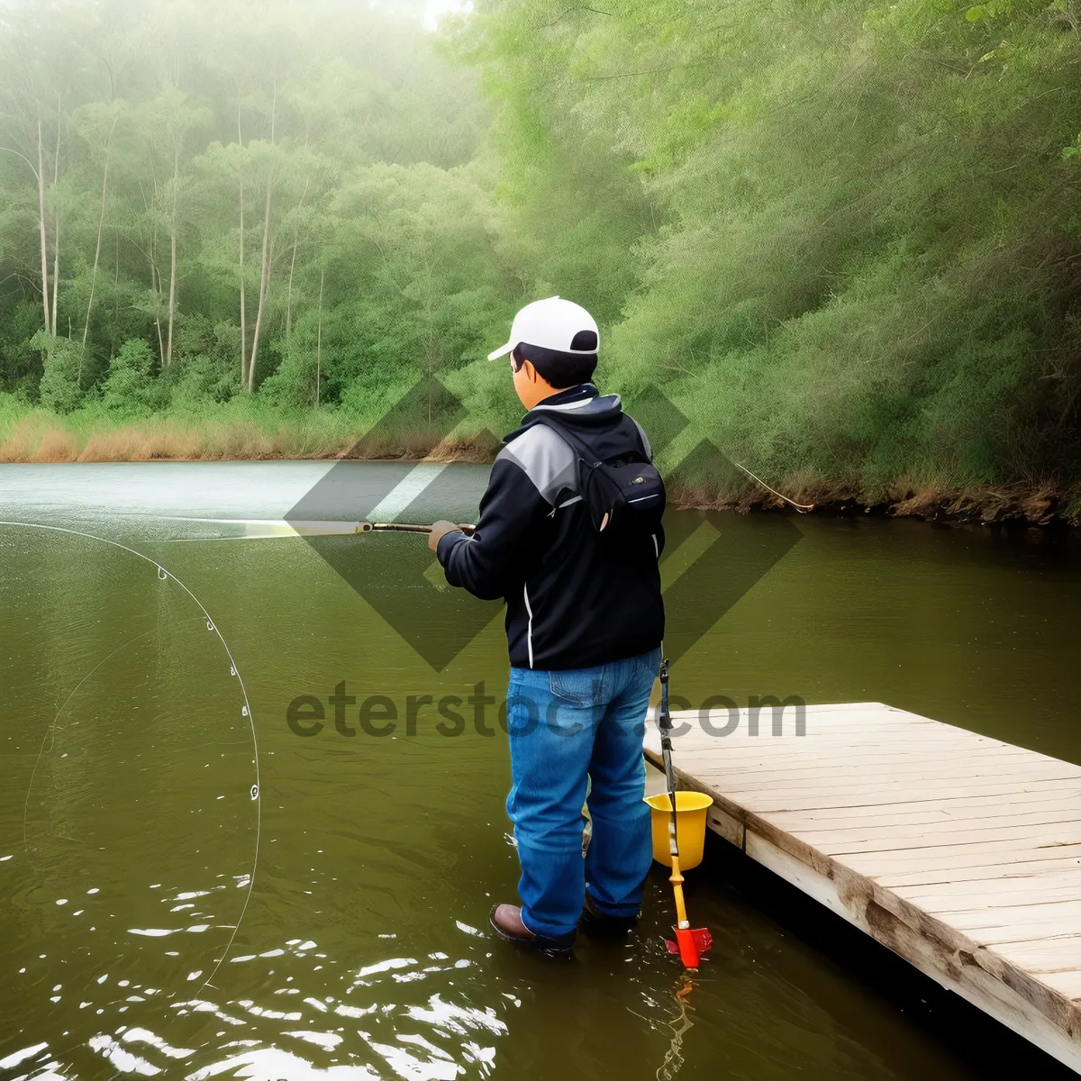 Picture of Man fishing with paddle on serene lake