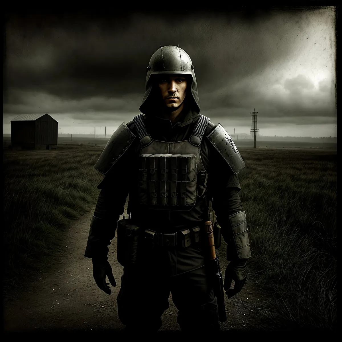 Picture of Protective warrior donning full body armor, helmet, and shield