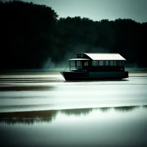 Serene Sunset Reflection on River's Hovercraft