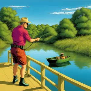 Summer Fisherman Paddling on the Lake