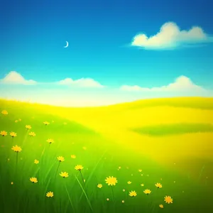 Vibrant countryside meadow under clear blue sky.