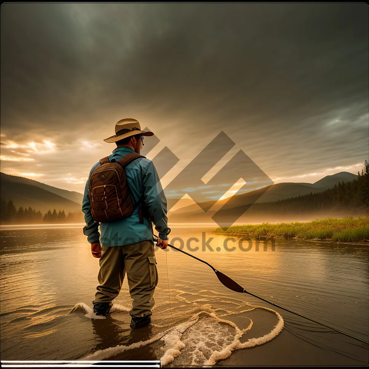 Picture of Sunset Fishing: Man with Fishing Gear by Water