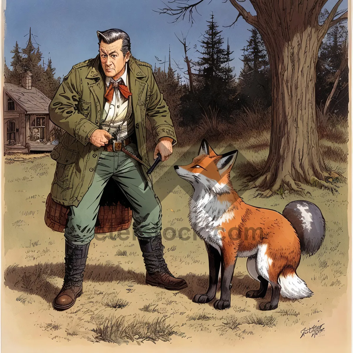 Picture of Wild Canine: Red Fox and Wolf Encounter