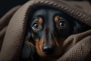 Cute black domestic puppy with brown fur.