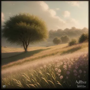 Golden Horizon: Idyllic Countryside Sunset with Farm Fields