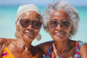 Happy couple in sunglasses enjoying beach vacation.