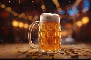 Cold beer in yellow glass mug with foam bubbles