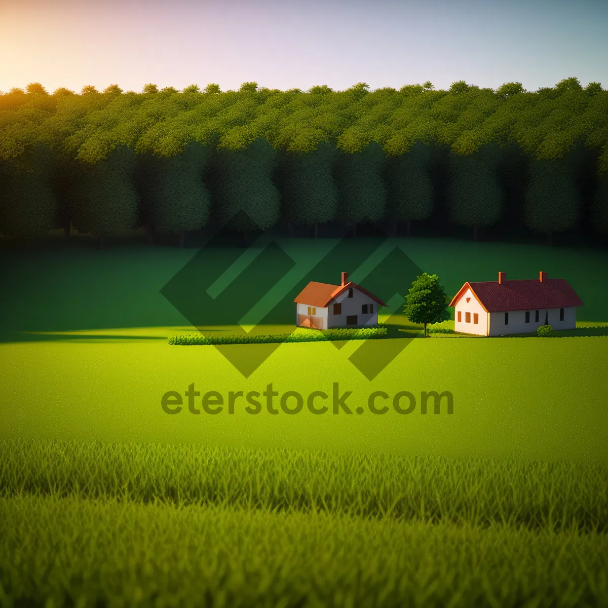 Picture of Idyllic Summer Countryside Landscape with Grassy Fields and Clear Sky