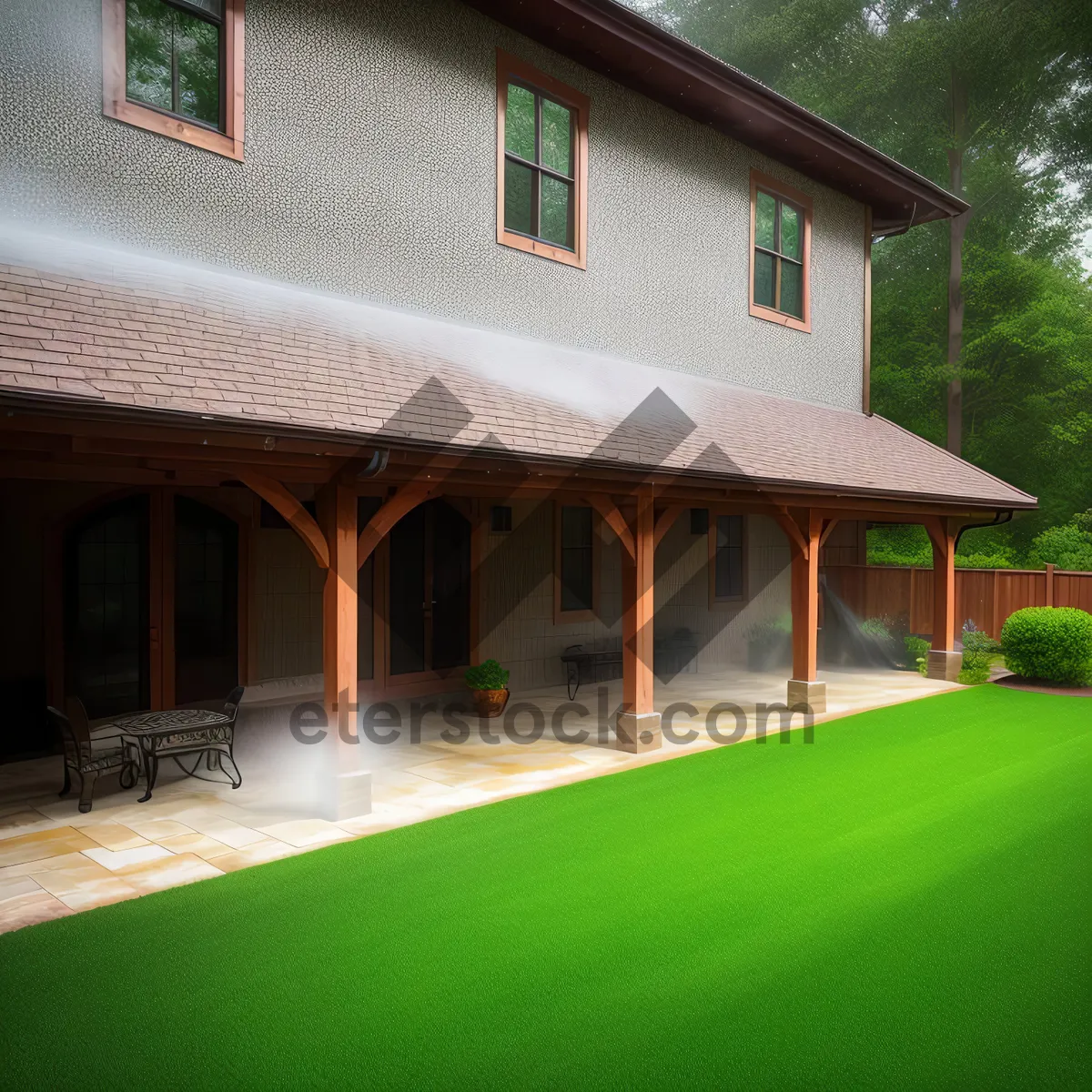 Picture of Modern suburban bungalow with landscaped lawn and garage.