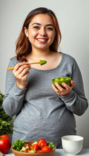 Beautiful brunette woman smiling happily and holding object.