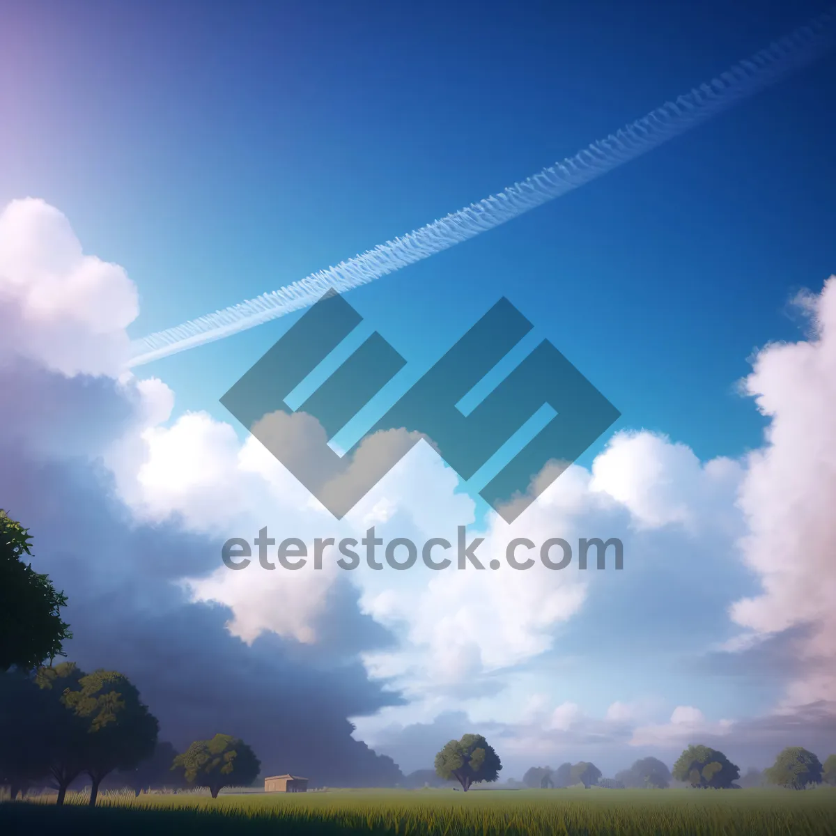 Picture of Idyllic sunset landscape with cloudy sky and distant meadow