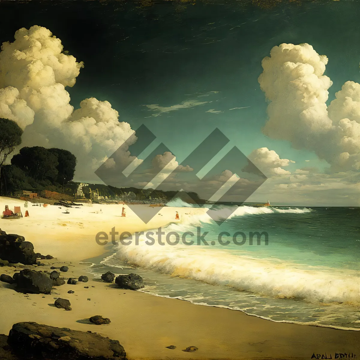 Picture of Coastal Paradise: Serene Beachscape with Majestic Mountains