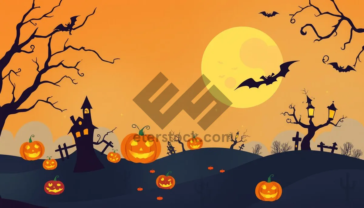 Picture of Cartoon Halloween scene with pumpkin and cemetery