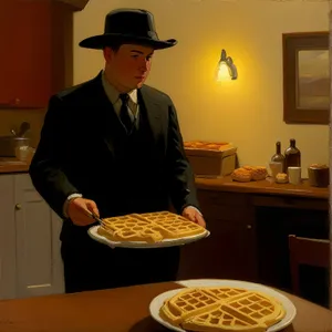 Smiling Waiter Serving Food in Dining Room