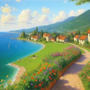 Sunny beach with tree by the ocean coast.