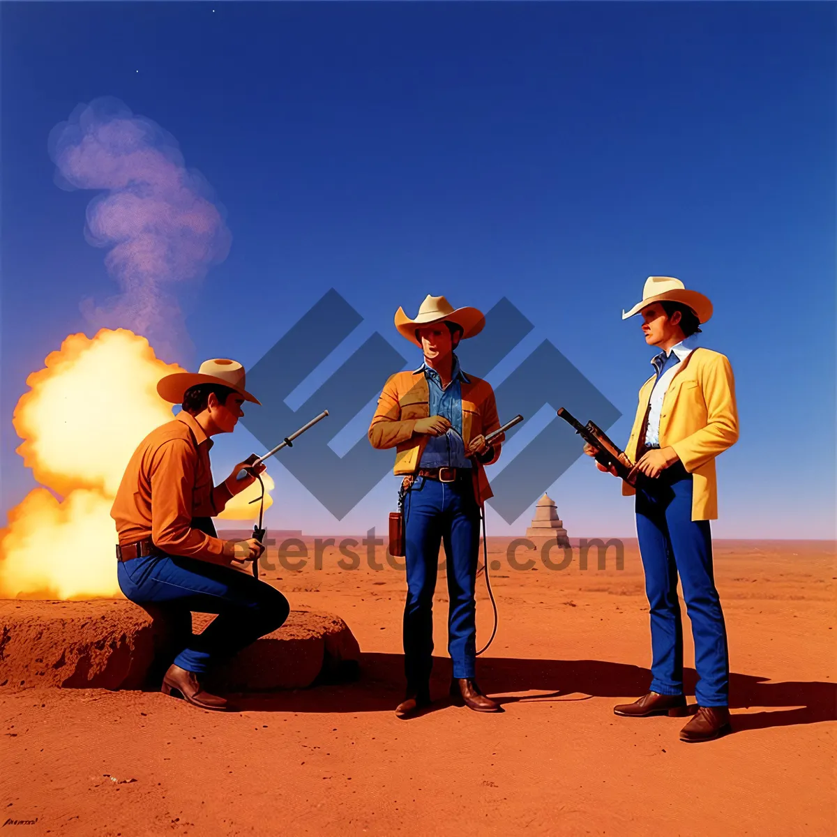 Picture of Man wielding flamethrower on beach during sunset.