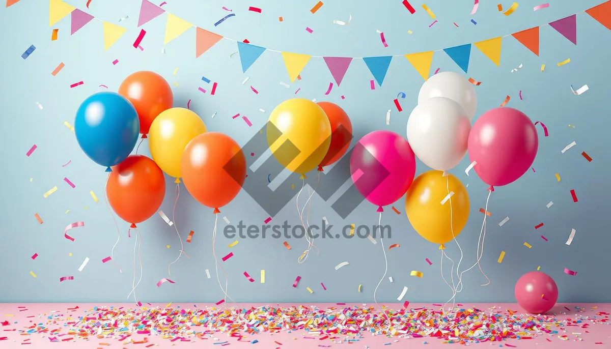 Picture of Colorful birthday party decorations with balloons and ribbons.