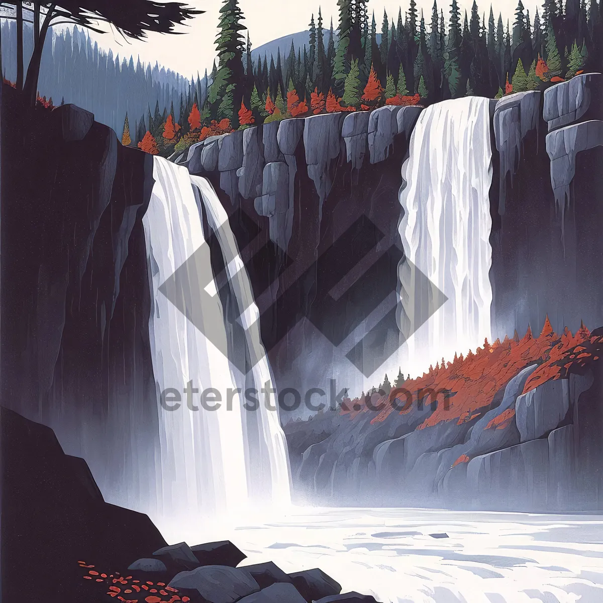 Picture of River Cascade Flowing Through Serene Forest Landscape