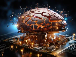 Sci-fi concept. The central computer processor in the form of an artificial brain microchip as the main element of the artificial intelligence system is installed on the motherboard of the supercomputer