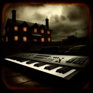 Nighttime Synth: Electronic Keyboard Instrument in Architectural Setting