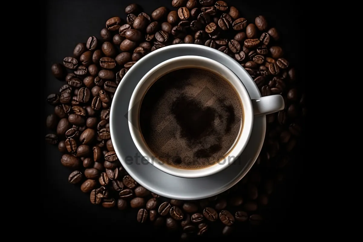 Picture of Foamy latte in black mug on saucer