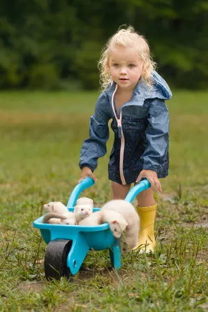 Happy child smiling in the park with a barrow