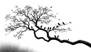 Silhouette of Oak Tree Branch on Black Background