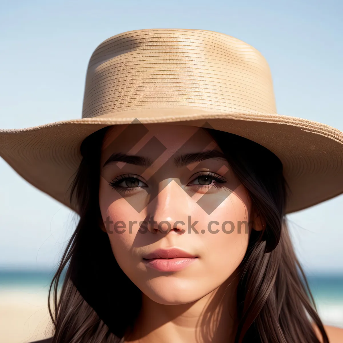 Picture of Stunning Brunette Model Smiling in Fashionable Hat.