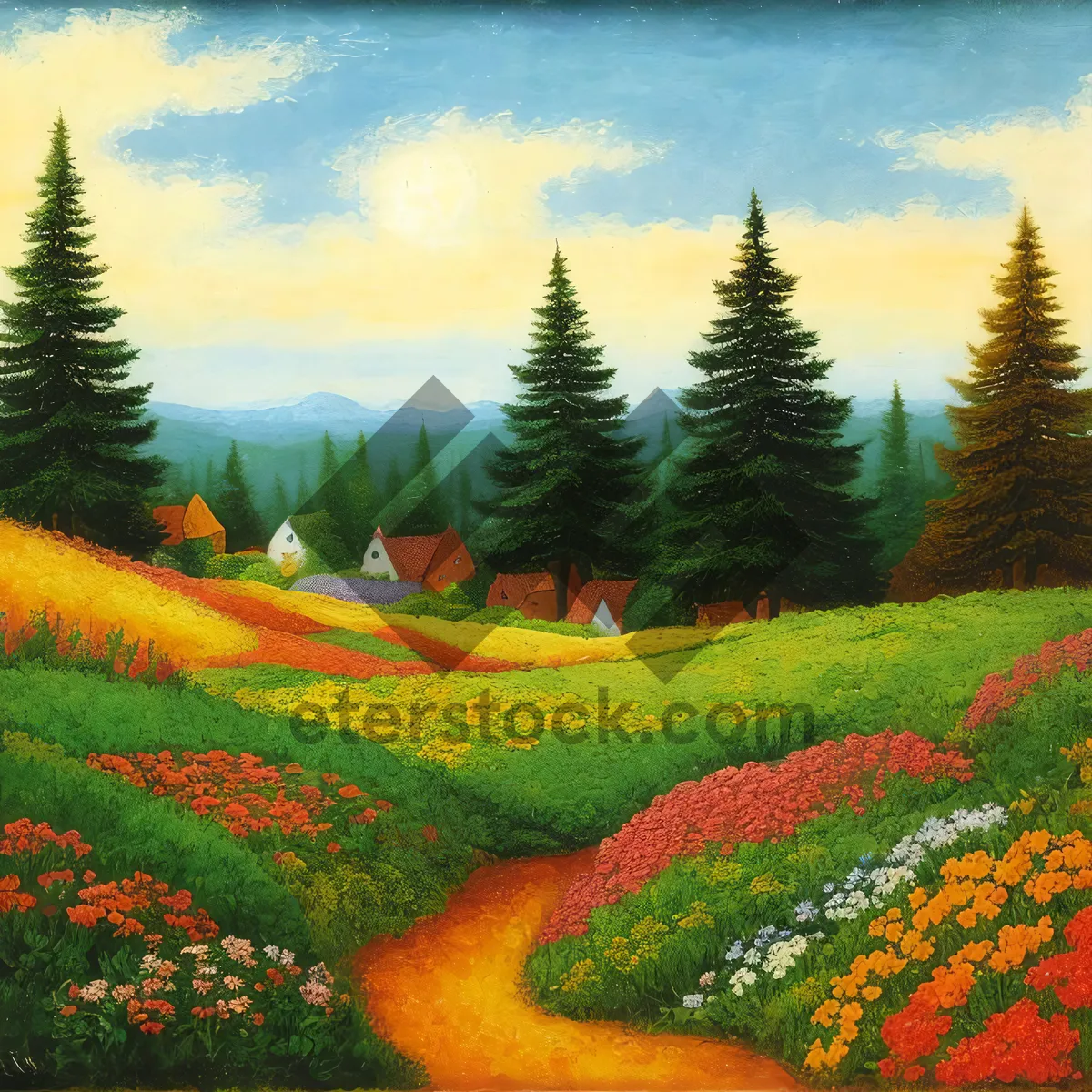 Picture of Scenic Mountain Landscape with Tree and Flowers