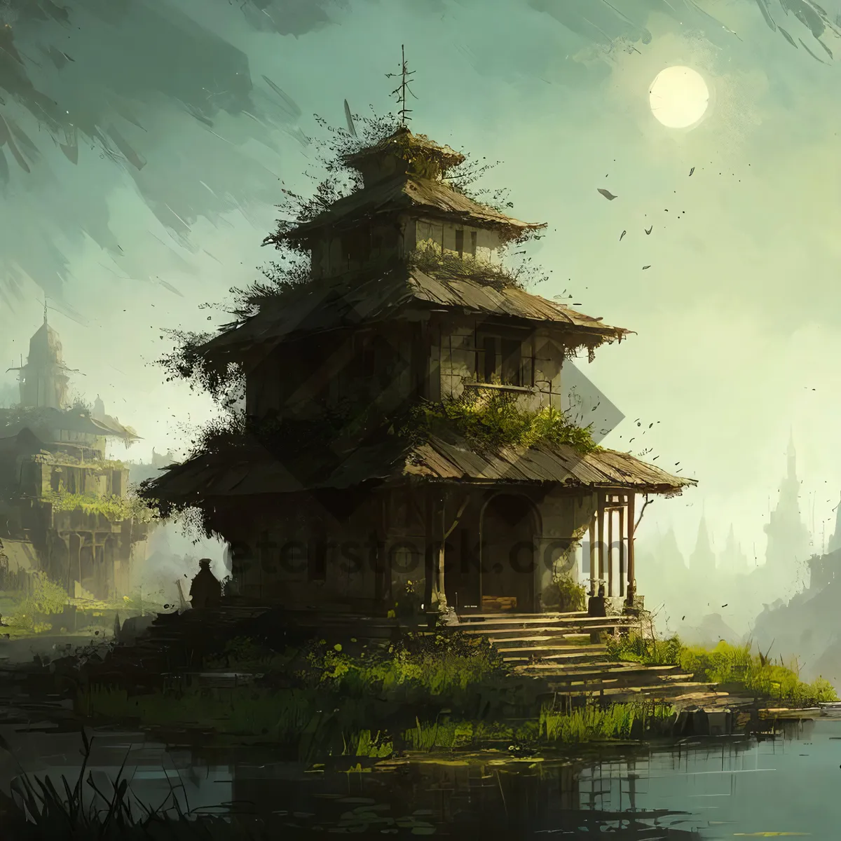 Picture of Ancient Pagoda by the Lake at Sunrise