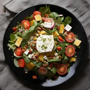 Gourmet salad plate with grilled vegetables and cheese.