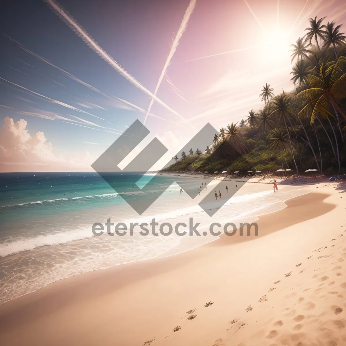 Picture of Tranquil Seascape: Turquoise Waters, Sandy Beach, and Palm Trees