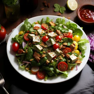 Grilled vegetable salad with tomato and olive sauce