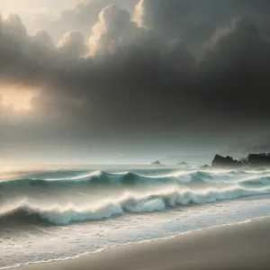 Serene Winter Beach Sunset: Majestic Horizon over Snowy Shoreline